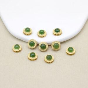 bezel bead, round bead, sun flower bead, nephrite bead, green bead, sterling silver bead, gild bead, golden bead