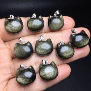 golden obsidian charm, cat head charm, black bead, golden charm, sterling silver charm