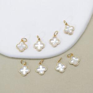 four leaf clover charm, shell charm, white charm, sterling silver charm, gild bead, golden charm