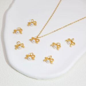 hollow flower charm, pearl charm, white charm, sterling silver charm, gild bead, golden charm