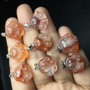 hematoid quartz charm, cat paw charm, red bead, golden charm, sterling silver charm