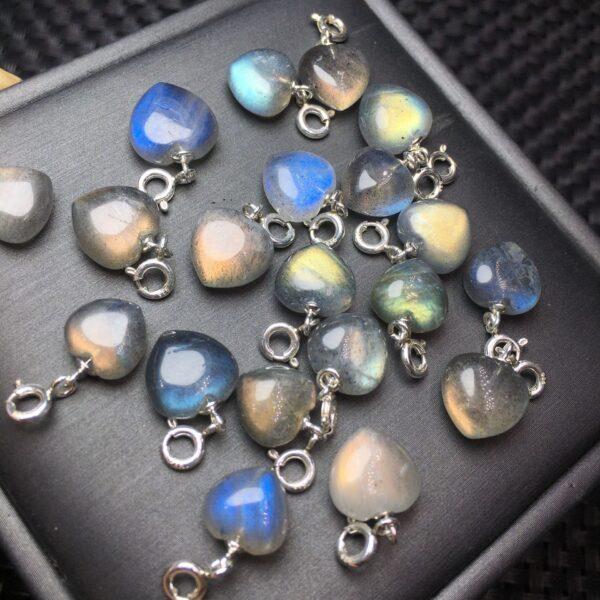 labradorite charm, heart charm, colorful light bead, sterling silver charm