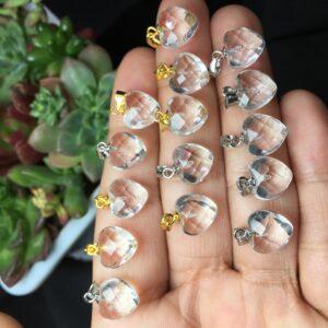 clear quartz charm, facet surface charm, heart charm, sterling silver charm