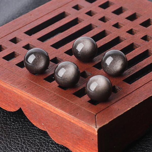 obsidian bead, silver light bead, round bead, through hole bead