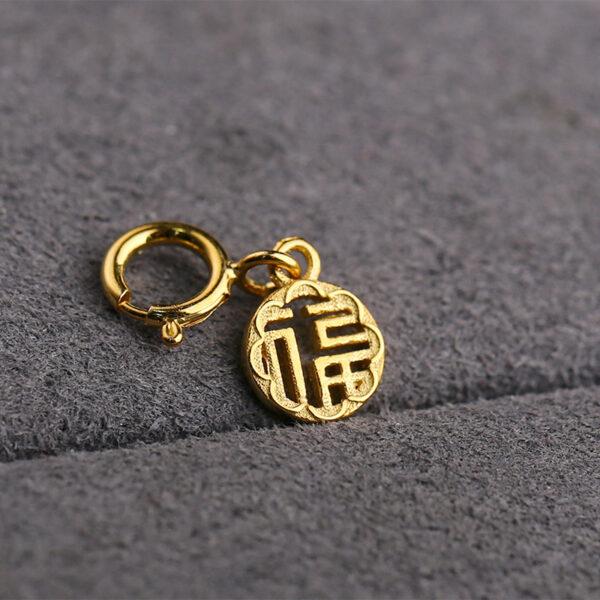 hollow 福 charm, round bead, s925 sterling silver, golden charm, gild bead - Image 3