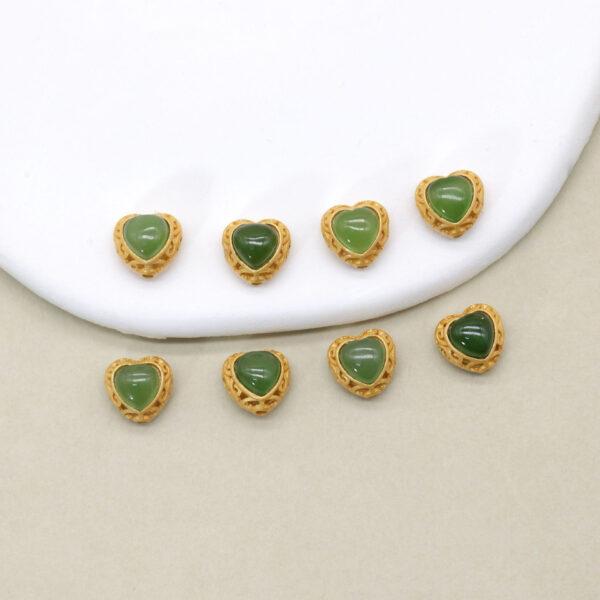 2pcs / 5 pcs heart bead, bezel bead, nephrite bead, green bead, sterling silver bead, gild bead, golden bead - Image 4