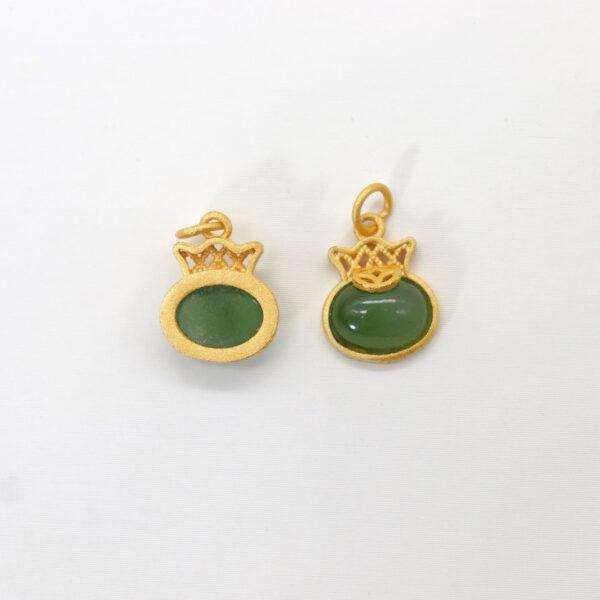 crown charm, oval charm, green charm, nephrite charm, sterling silver charm, gild bead, golden charm, 2pcs / 5 pcs