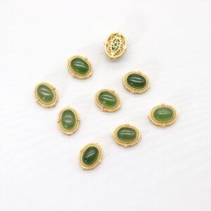 oval bead, bezel bead, nephrite bead, green bead, sterling silver bead, gild bead, golden bead, 2pcs / 5 pcs