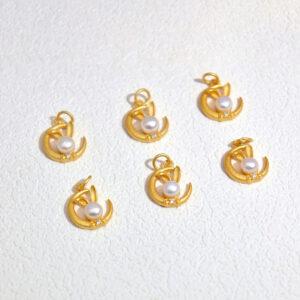 moon and rabbit charm, pearl charm, sterling silver charm, gild bead, golden charm, 2pcs / 5 pcs