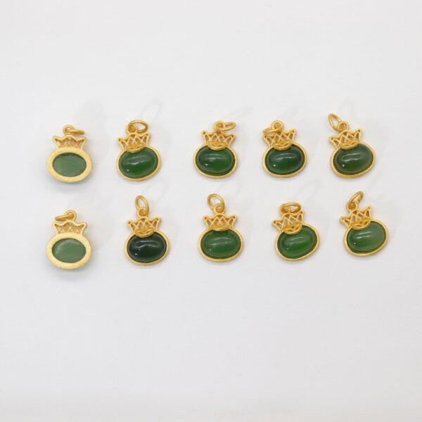 crown charm, oval charm, green charm, nephrite charm, sterling silver charm, gild bead, golden charm, 2pcs / 5 pcs - Image 2