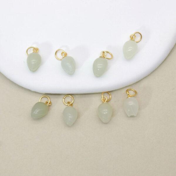 flower bud charm, nephrite charm, white charm, green charm, sterling silver charm, gild bead, golden charm, 2pcs / 5 pcs - Image 3