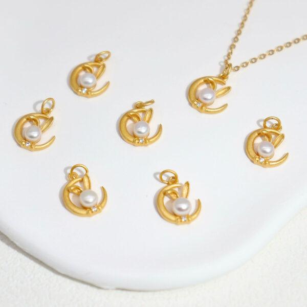 moon and rabbit charm, pearl charm, sterling silver charm, gild bead, golden charm, 2pcs / 5 pcs - Image 3