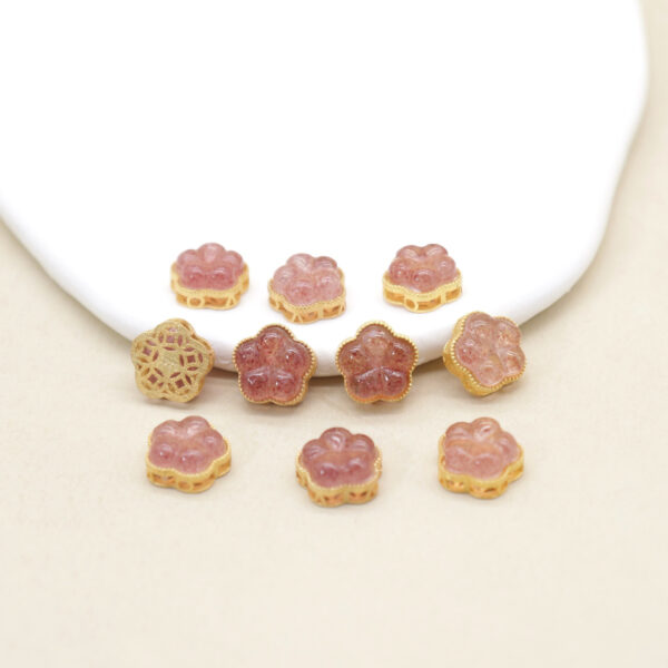 peach flower bead, bezel bead, strawberry quartz bead, red bead, sterling silver bead, gild bead, golden bead, 2pcs / 5 pcs - Image 3