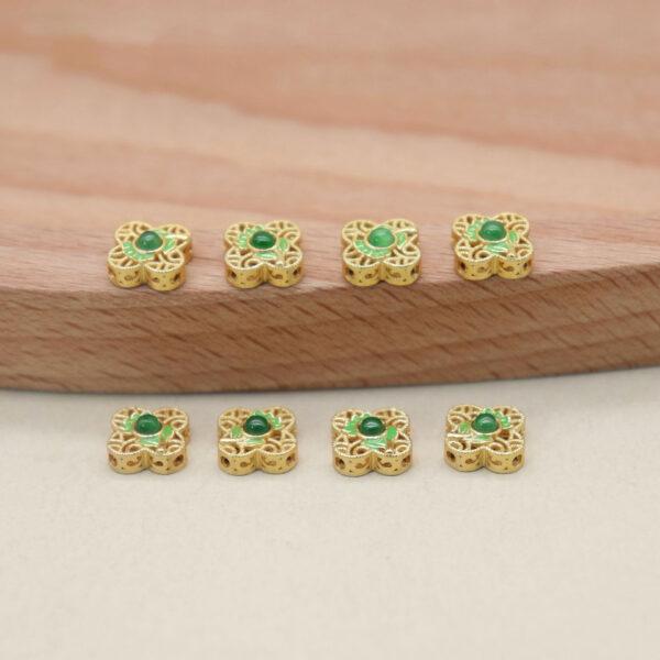 four-leaf clover bead, bezel bead, jadeite bead, sterling silver bead, gild bead, golden bead, 2pcs / 5 pcs - Image 4