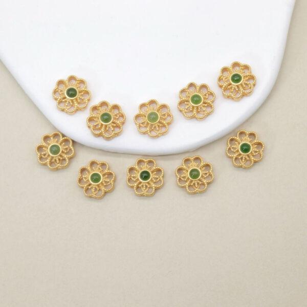 hollow flower bead, bezel bead, nephrite bead, green bead, sterling silver bead, gild bead, golden bead, 2pcs / 5 pcs - Image 4