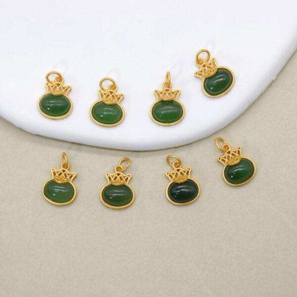 crown charm, oval charm, green charm, nephrite charm, sterling silver charm, gild bead, golden charm, 2pcs / 5 pcs - Image 4