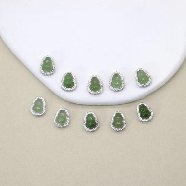 gourd bead, bezel bead, nephrite bead, green bead, sterling silver bead, silver bead, 2pcs / 5 pcs - Image 4