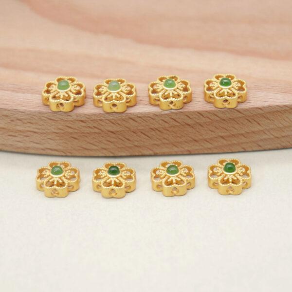 hollow flower bead, bezel bead, nephrite bead, green bead, sterling silver bead, gild bead, golden bead, 2pcs / 5 pcs - Image 5