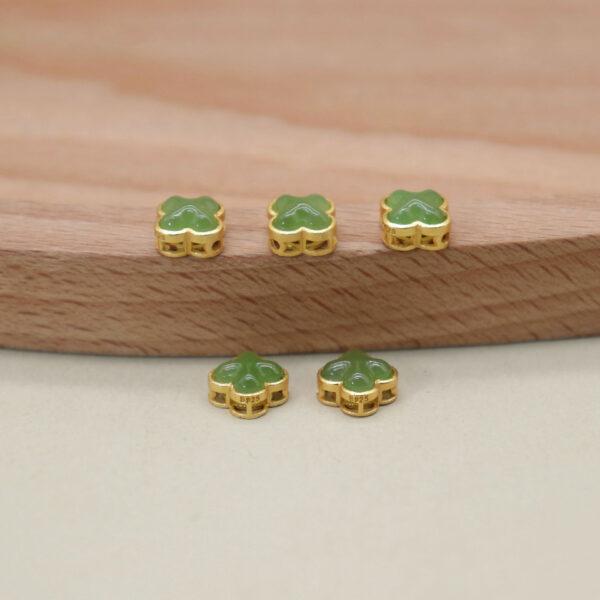 four-leaf clover bead, bezel bead, nephrite bead, green bead, sterling silver bead, gild bead, golden bead, 2pcs / 5 pcs - Image 5