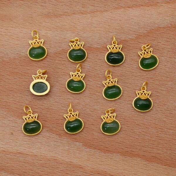crown charm, oval charm, green charm, nephrite charm, sterling silver charm, gild bead, golden charm, 2pcs / 5 pcs - Image 5