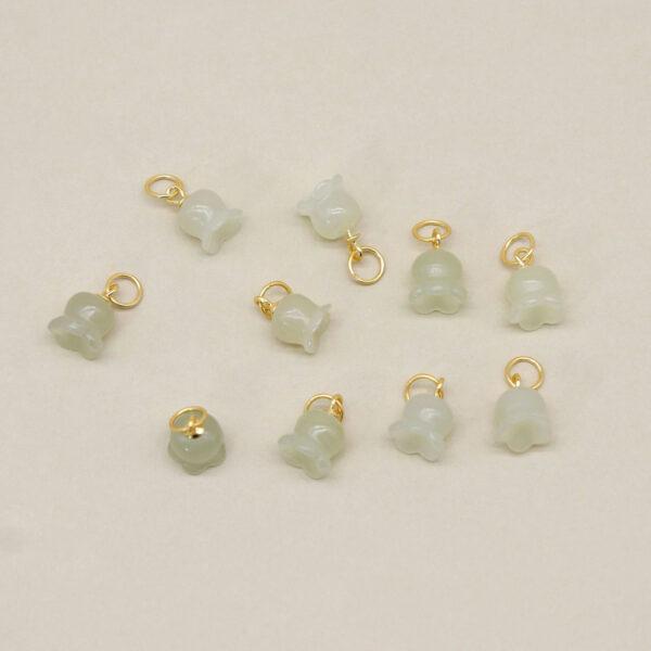 bell lily flower charm, green charm, nephrite charm, sterling silver charm, gild bead, golden charm, 2pcs / 5 pcs