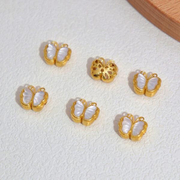 butterfly bead, bezel bead, shell bead, white bead, sterling silver bead, gild bead, golden bead, 2pcs / 5 pcs - Image 2