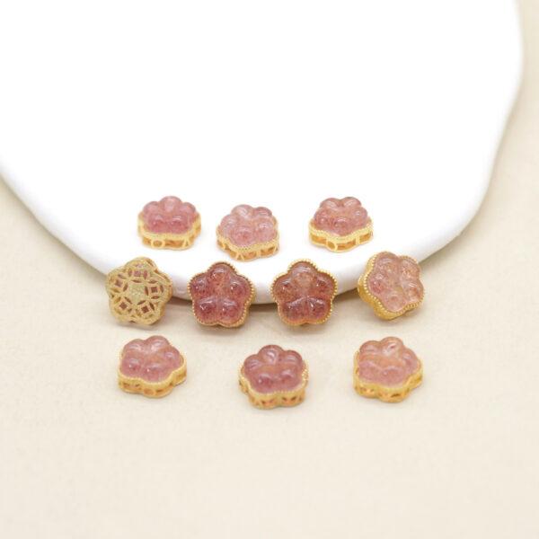 peach flower bead, bezel bead, strawberry quartz bead, pink bead, sterling silver bead, gild bead, golden bead, 2pcs / 5 pcs - Image 3