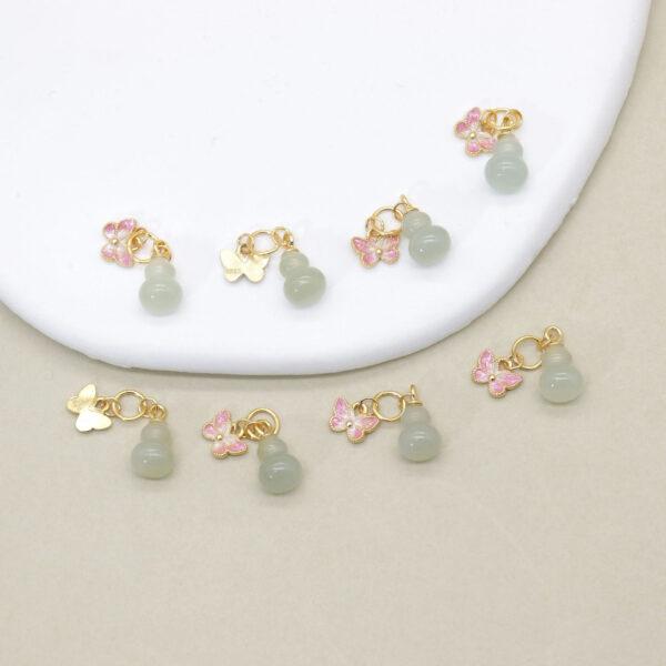 gourd charm, butterfly charm, nephrite charm, light green charm, sterling silver charm, gild bead, golden charm, 2pcs / 5 pcs - Image 4