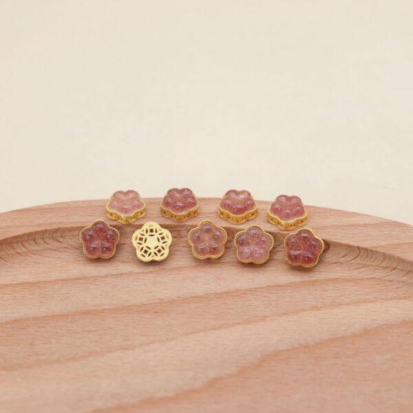 peach flower bead, bezel bead, strawberry quartz bead, pink bead, sterling silver bead, gild bead, golden bead, 2pcs / 5 pcs - Image 4