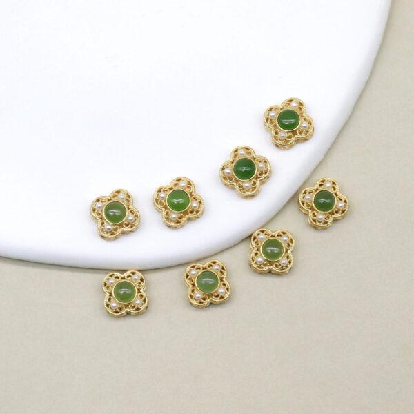 four-leaf clover bead, bezel bead, nephrite bead, green bead, sterling silver bead, gild bead, golden bead, 2pcs / 5 pcs - Image 2