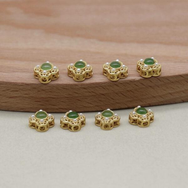 four-leaf clover bead, bezel bead, nephrite bead, green bead, sterling silver bead, gild bead, golden bead, 2pcs / 5 pcs - Image 4
