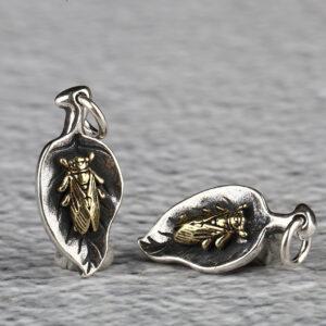 cicada on the leaf shape oxidized s925 sterling silver charm