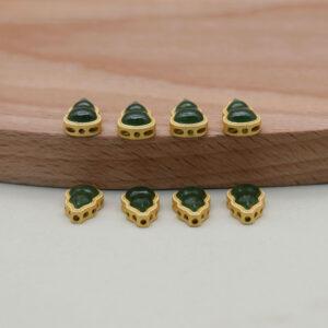 deep green nephrite gourd shape bezel bead, gild sterling silver bead, golden bead