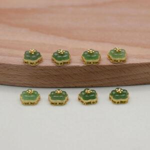 green nephrite peach flower shape bezel bead, gild sterling silver bead, golden bead