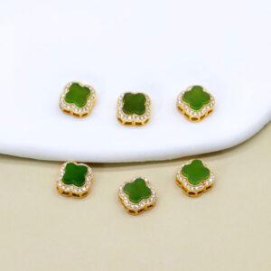 green nephrite four-leaf clover shape bezel bead, gild sterling silver bead, golden bead
