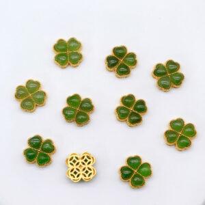 green nephrite four-leaf clover shape bezel bead, gild sterling silver bead, golden bead