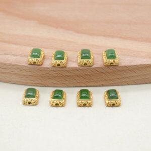 green nephrite rectangle bezel bead, gild sterling silver bead, golden bead
