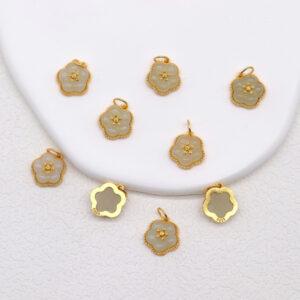 nephrite peach flower charm, gild sterling silver charm, golden charm