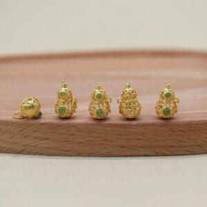 green nephrite bead charm, hollow gild sterling silver gourd charm, golden charm