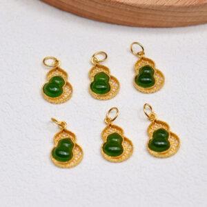 hollow gourd charm, nephrite charm, green bead, sterling silver charm, gild bead, golden charm, 2 pcs / 5 pcs