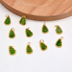 green nephrite gourd charm, gild sterling silver charm, golden charm