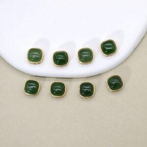green nephrite square bezel bead, gild sterling silver bead, golden bead