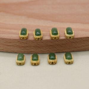 green nephrite rectangle bezel bead, gild sterling silver bead, golden bead