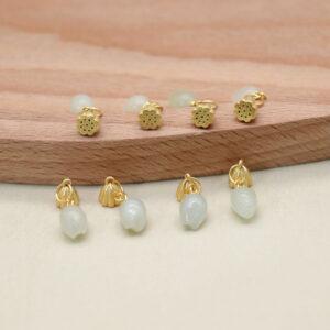 nephrite flower charm, gild sterling silver charm, golden charm