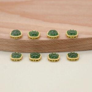 green nephrite cat paw bezel bead, gild sterling silver bead, golden bead