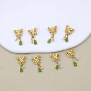 green nephrite gourd butterfly shape charm, gild sterling silver charm, golden charm