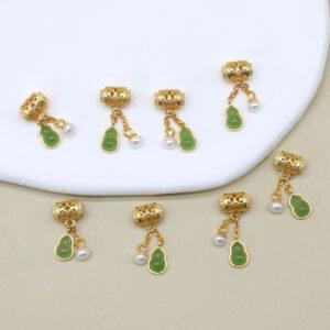 green nephrite gourd shape charm, gild sterling silver charm, golden charm