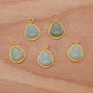 green nephrite Buddha shape charm, gild sterling silver charm, golden charm