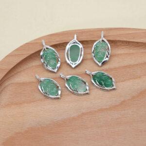 green texture quartz leaf shape charm, sterling silver charm