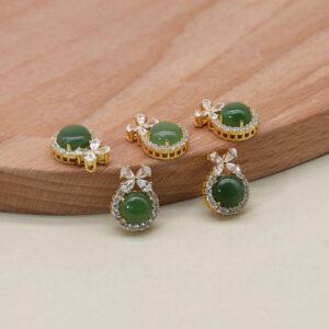 green nephrite bow pattern round shape charm pendant, gild sterling silver charm, golden pendant